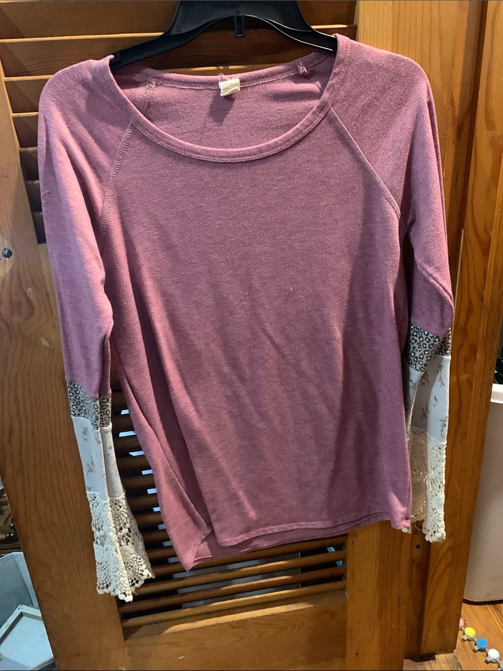 7th Ray Mauve Long-Sleeve Top with cheetah, floral, lace sleeve